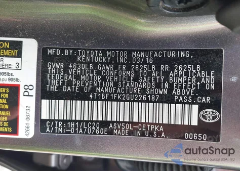 2016 Toyota Camry Xse z USA, uszkodzony, nr VIN 4T1BF1FK2GU226187